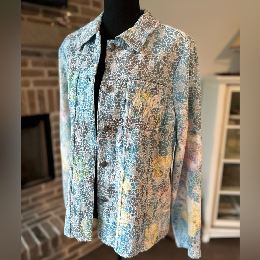 Kaktus Textured Pastel Peacock Jean Jacket Metal Buttons L Art to Wear Colorful - Picture 3 of 13